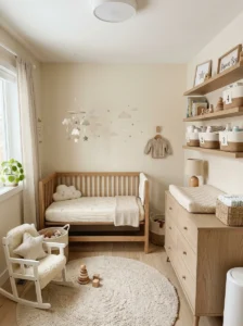 Adaptable small nursery with convertible furniture and flexible storage for a growing child.