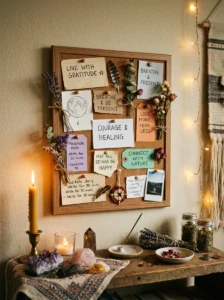 Personal handwritten notes displayed near a bedroom altar.
