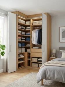 Corner wardrobe maximizing bedroom space.