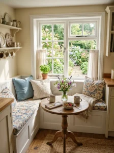 Cozy breakfast nook beside a kitchen window.