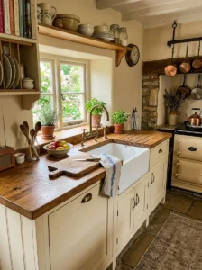 Warm butcher block countertop in a cottage-style kitchen.