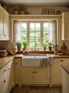 White farmhouse sink anchoring a cozy cottage kitchen.