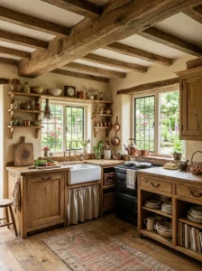 Rustic wooden ceiling beams adding cottage character to a kitchen.