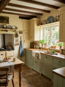 Soft muted colors creating a warm cottage kitchen.