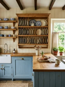 Wooden plate rack displaying dishes in a cottage kitchen.