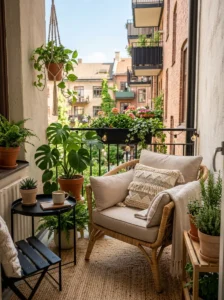 Weatherproof cushions making compact balcony seating more comfortable.