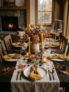 Fall dining table decorated with leaves, branches, and pinecones