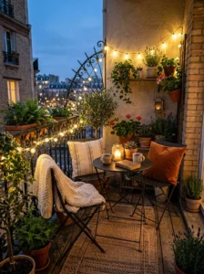 Small balcony glowing with warm outdoor string lights in the evening.