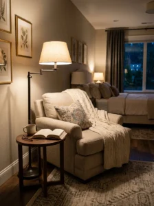 Bedroom reading nook with an adjustable floor lamp