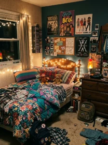 Warm white string lights decorating a cozy nostalgic 90s bedroom.