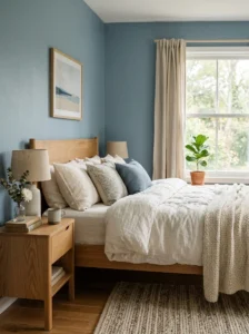 Bedroom with soft muted blue walls and warm neutral bedding.