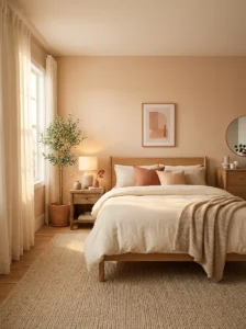 Soft peach bedroom with cream bedding and warm natural wood accents.