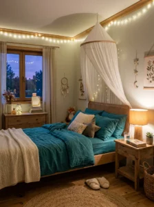 Personalized girls bedroom bulletin board displaying photos, artwork, and memories.