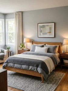 Grey bedroom warmed with natural wood furniture