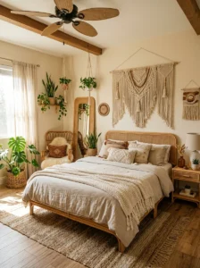 Fringe and tassel tapestry adding texture to a boho bedroom