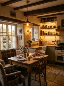 Warm layered lighting creating a cozy cottage kitchen atmosphere.