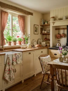 Gingham and floral textiles adding cottage charm to a kitchen.