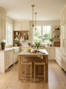 : Warm butter cream kitchen cabinets in a cozy interior