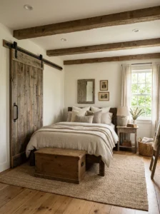 Rustic barn-style sliding closet door in a bedroom