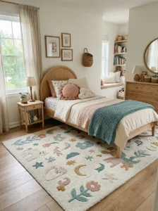 Whimsical patterned rug adding personality to a girls bedroom.