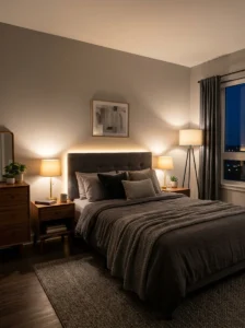 Cozy grey bedroom illuminated with warm ambient lighting