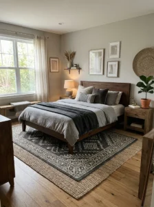 Grey bedroom with layered jute and patterned rugs