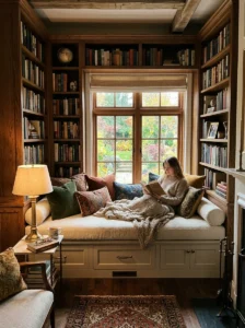 Built-in window seat surrounded by bookshelves in a cozy home library.