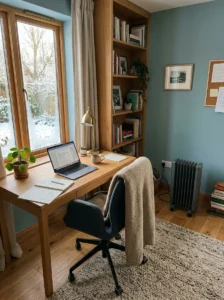 Personalized study room with meaningful photographs, books, and decorative objects.