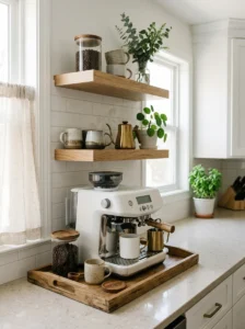 Organized kitchen coffee station with a coffee maker, mugs, and natural accents.