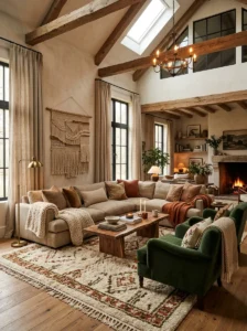 Layered textiles adding warmth and softness to a high-ceiling living room.