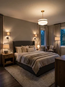 Bedroom with layered lighting at different heights