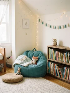 Cozy girls bedroom reading nook with a bean bag chair and child-height bookshelf.