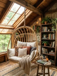 Hanging rattan reading chair in a cozy library nook.