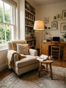 Comfortable reading chair creating a separate break area in a study room.