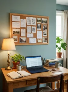 Study room with a motivational corkboard and personal goal display above the desk.