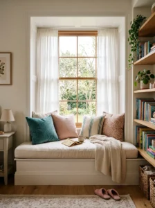 Cozy girls bedroom window seat with soft cushions and colorful pillows.