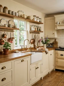 Vintage-style runner rug warming a cottage kitchen floor.