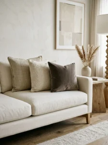Premium textured throw pillows on a neutral sofa.