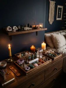 Curated crystal displays in a mystical bedroom.