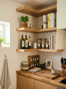 Corner kitchen shelves making use of an awkward nook.