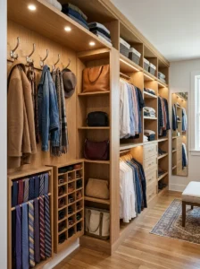 Dedicated accessory storage wall inside wardrobe.