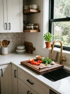 Over-sink cutting board creating extra prep space in a small kitchen