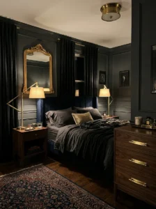 : Brass accents warming a dark bedroom.