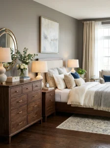 Dark wood furniture creating a cohesive bedroom.