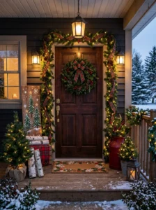 Festive Christmas welcome mat and porch sign