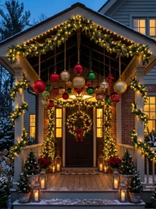 Snow-flocked branches in urn planters on a Christmas porch