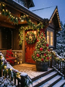 Small decorated Christmas tree beside a front door