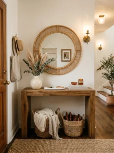Entryway combining wood, rattan, jute, stone, and ceramic textures