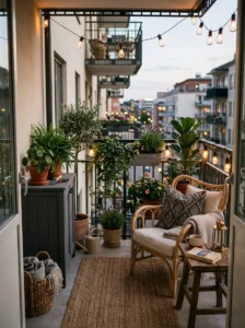 Personalized small balcony with layered furniture, plants, lighting, and cozy decor.