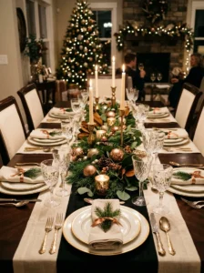 Winter holiday table with warm gold and copper decorations